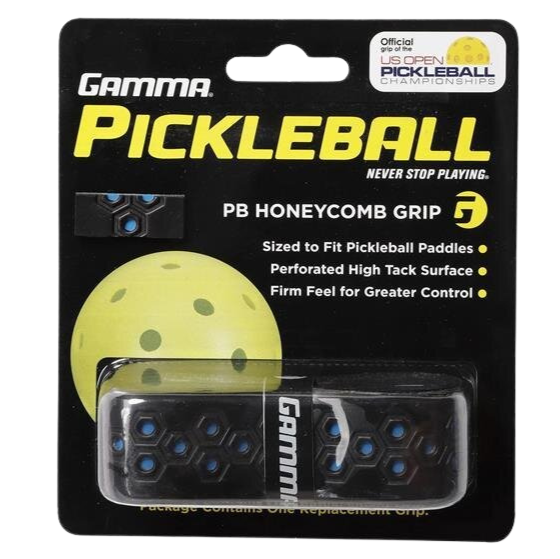 Gamma Pickleball PB Honeycomb Grip packaging with a yellow pickleball on a black background