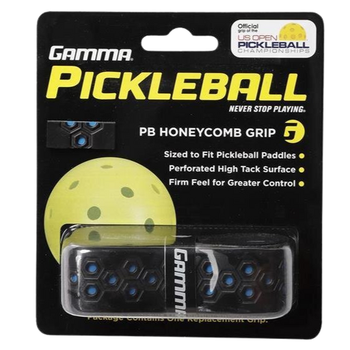 Gamma Pickleball PB Honeycomb Grip packaging with a yellow pickleball on a black background
