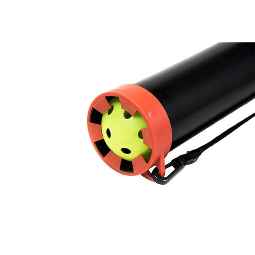 Black cylindrical object with a red and yellow component on a white background