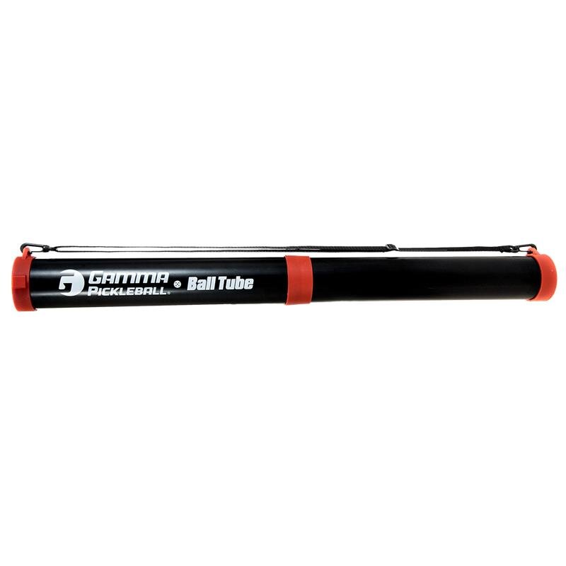 Black pickleball ball tube with red ends on a white background