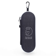 Black carrying case with a carabiner and visible brand logo on a white background