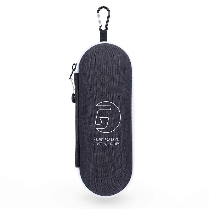Black carrying case with a carabiner and visible brand logo on a white background