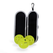 Three yellow pickleballs with a black case on a white background