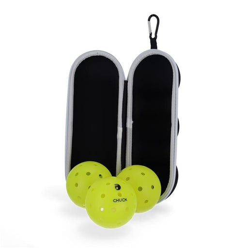 Three yellow pickleballs with a black case on a white background