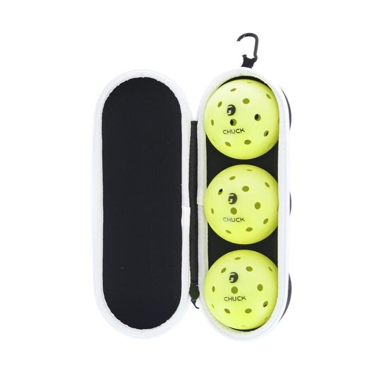 Three pickleballs in a case with a visible brand name on a white background