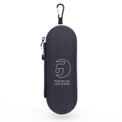 Black carrying case with a carabiner and visible brand logo on a white background