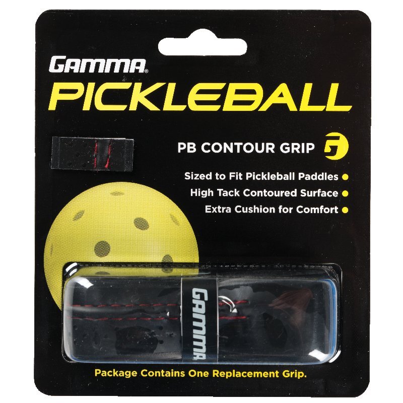Gamma Pickleball PB Contour Grip packaging with a yellow pickleball graphic on a black background.