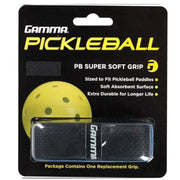 Gamma Pickleball PB Super Soft Grip packaging with a yellow pickleball illustration on a black background.