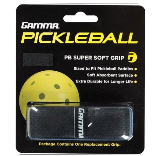 Gamma Pickleball PB Super Soft Grip packaging with a yellow pickleball illustration on a black background.