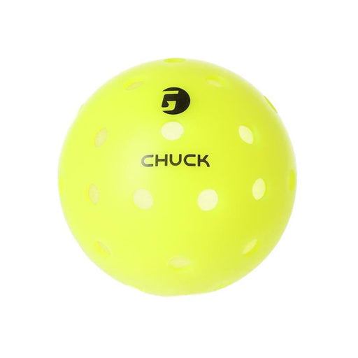 Yellow pickleball with 'Chuck' branding on a white background