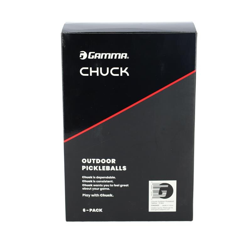 Black box of Gamma Chuck outdoor pickleballs with red accent on a white background