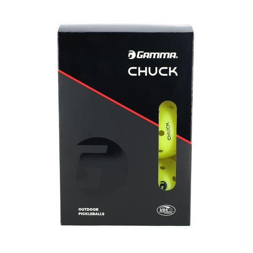Box of Gamma Chuck pickleballs with a yellow pickleball on a black background