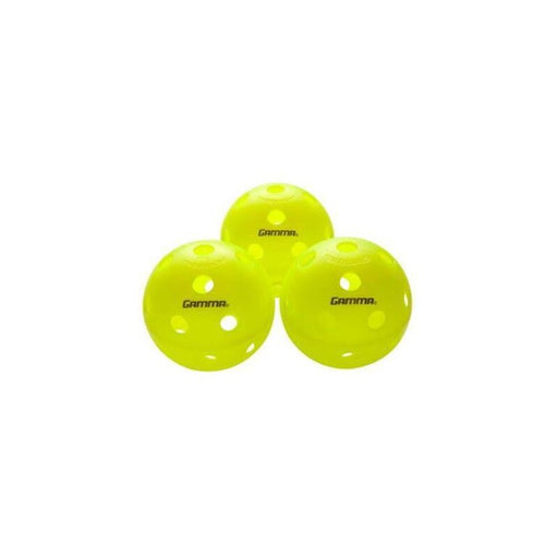 Three yellow Gamma sports balls on a white background