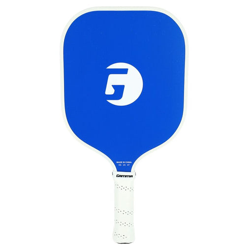 Blue pickleball paddle with a white logo on a white background