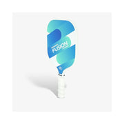 Blue and green pickleball paddle with 'Fusion' branding on a white background