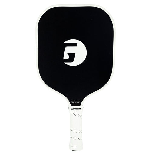 Black pickleball paddle with a white handle and Gamma logo on a white background