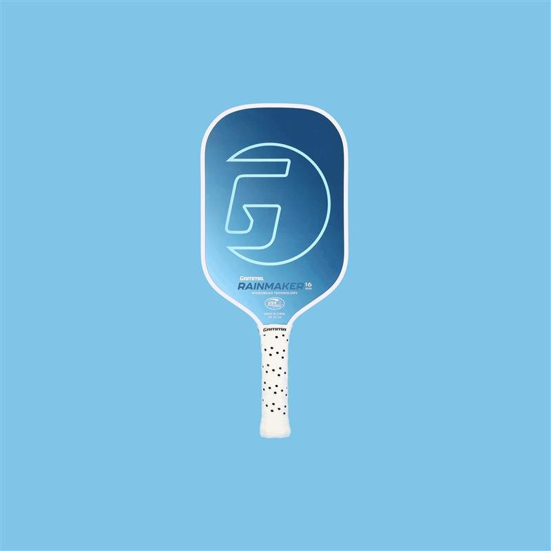 Blue pickleball paddle with a white handle on a light blue background