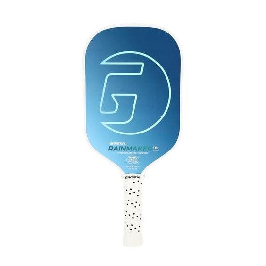 Blue pickleball paddle with a white handle on a white background