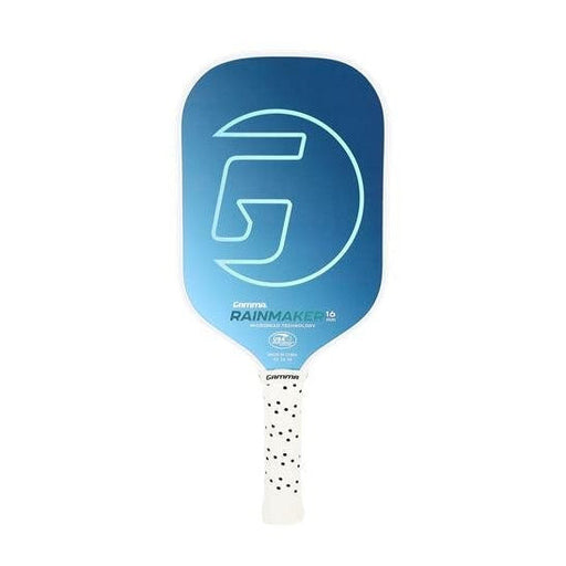 Blue pickleball paddle with a white handle on a white background
