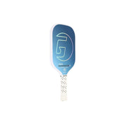 Blue and white pickleball paddle with a brand logo on a white background