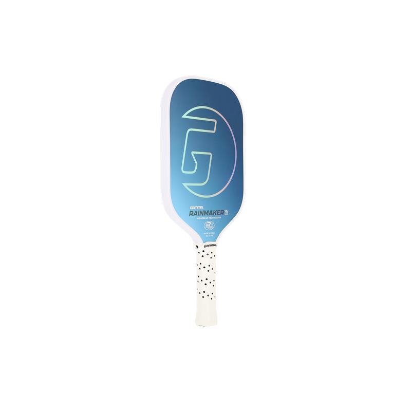 Blue and white pickleball paddle with a brand logo on a white background