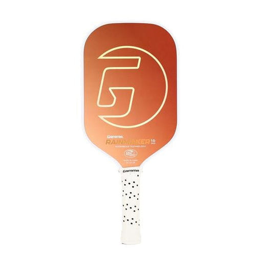 Pickleball paddle with a brand logo on an orange and white background