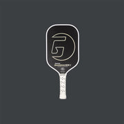 Pickleball paddle with a brand logo on a dark gray background