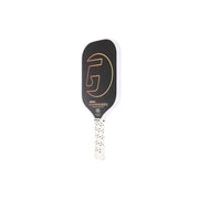 Pickleball paddle with black and white design on a white background
