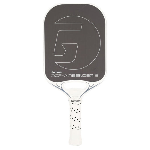 Pickleball paddle with a black face and white handle on a white background