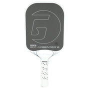 Pickleball paddle with a gray face and white handle on a white background