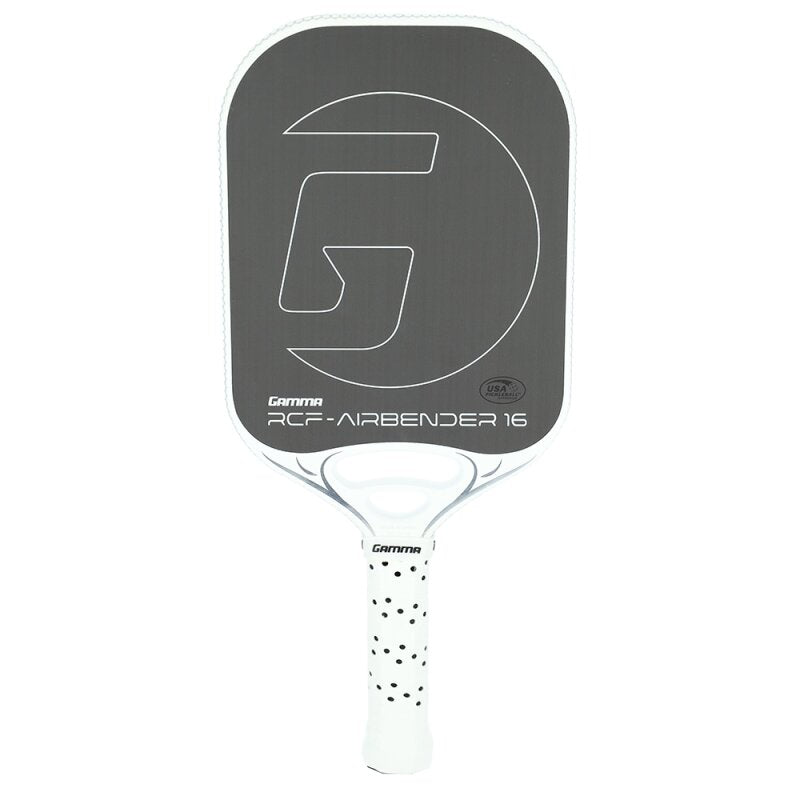 Pickleball paddle with a gray face and white handle on a white background