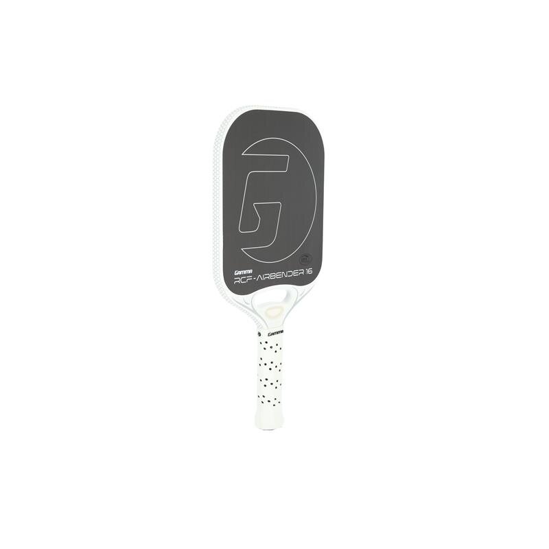 Pickleball paddle with a black and white design on a white background