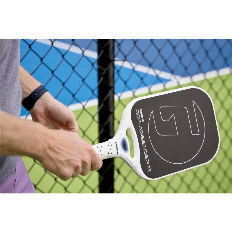 Person holding a pickleball paddle with a blurred court background