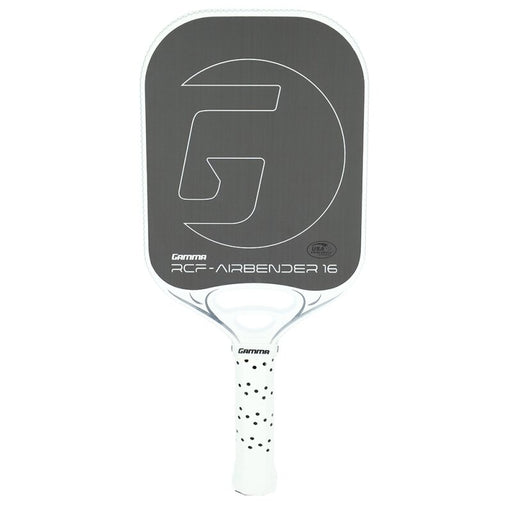 Pickleball paddle with a gray face and white handle on a white background