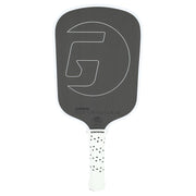 Pickleball paddle with a black face and white handle on a white background