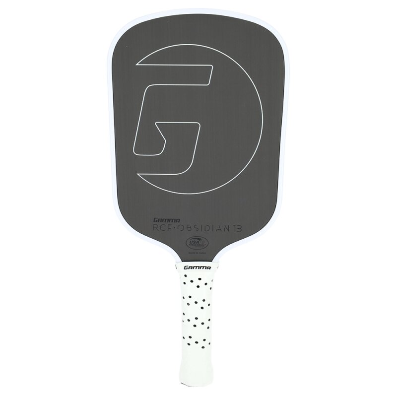 Pickleball paddle with a black face and white handle on a white background