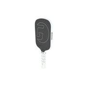 Pickleball paddle with black and white design on a white background