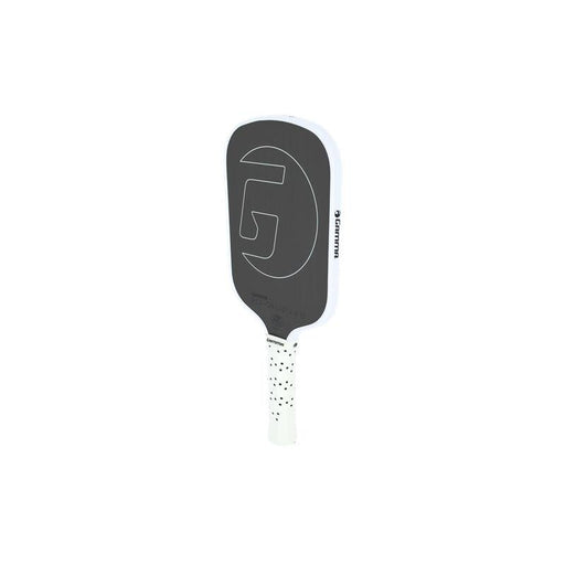 Pickleball paddle with black and white design on a white background