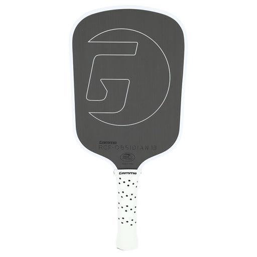 Pickleball paddle with a black face and white handle on a white background