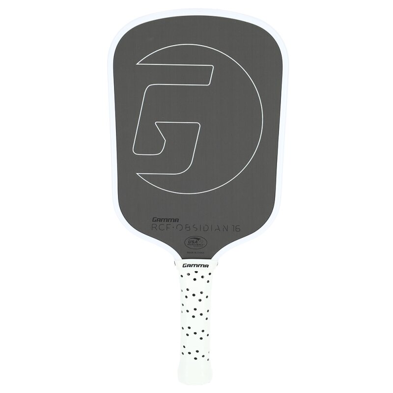 Gray pickleball paddle with a white handle on a white background