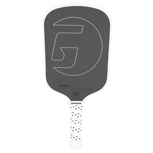 Gray pickleball paddle with a white handle on a white background