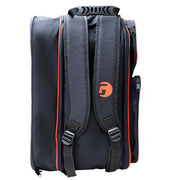 Black backpack with orange logo on a white background
