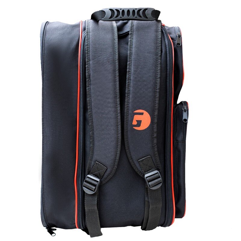 Black backpack with orange logo on a white background