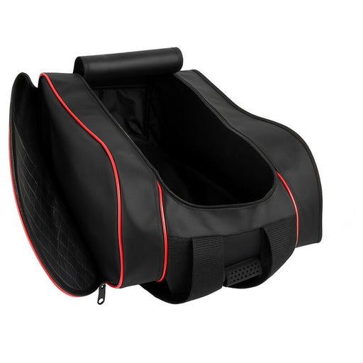 Black car seat organizer with red trim on a white background