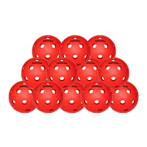 Red perforated balls with a brand name on a white background