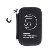 Black pouch with a logo and text on a white background