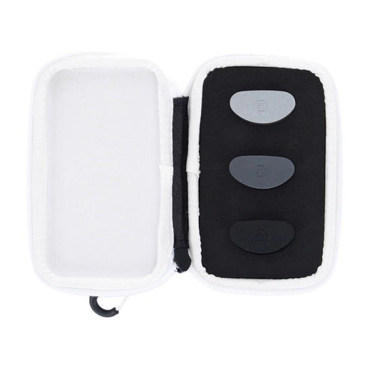 Black remote control with three buttons in a clear plastic case on a white background