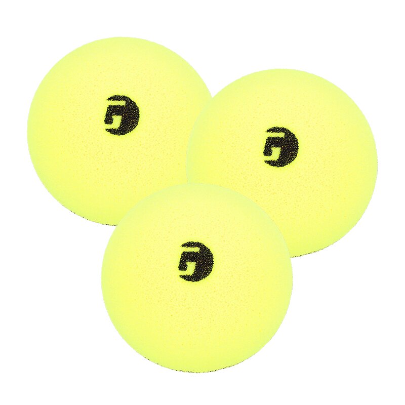 Three yellow tennis balls with a black logo on a white background
