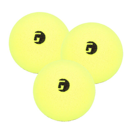Three yellow tennis balls with a black logo on a white background