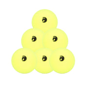 Stack of yellow tennis balls with a brand logo on a white background